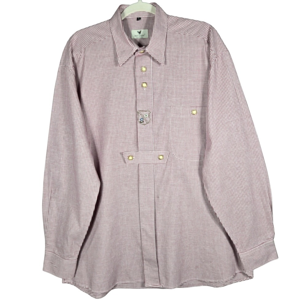 Jean Chatel Landhaus Shirt Mens L Burgundy Gingham Alpine Trachten Oktoberfest
